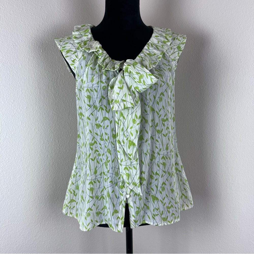 Banana Republic Factory Shirt Womens Medium Silk Ruffle Botanical Cottage Green